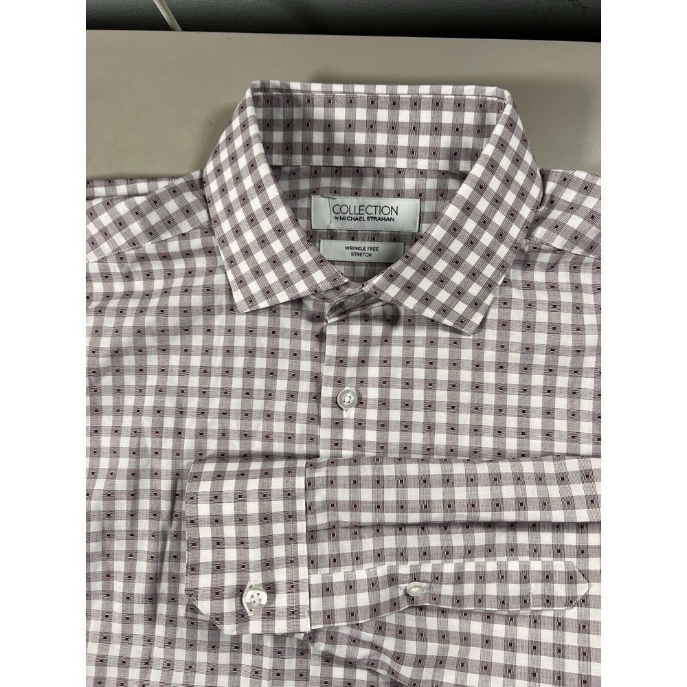 Collection by Michael Strahan Mens Gingham Dress Shirt Burgundy White 16.5 36/37